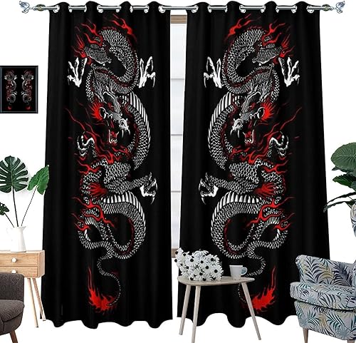 Miniatura 3 de fucyBu Cortinas opacas para oscurecer la habitación con ojales, diseño de dragón chino, fantasía, retro, negro, rojo, dragón japonés, eficiencia