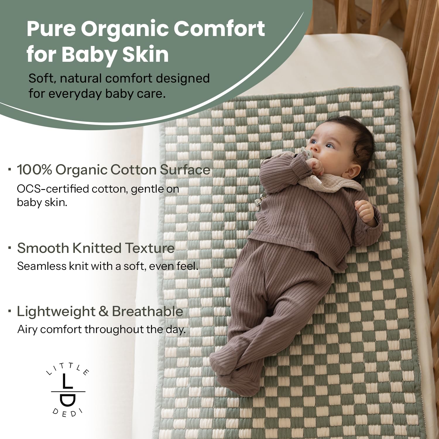 Cambiador de algodón orgánico de 20 x 33 pulgadas, almohadilla acolchada para pañales con certificación OCS, suave, sin costuras, reversible, lavable, portátil, para recién nacidos, diseño