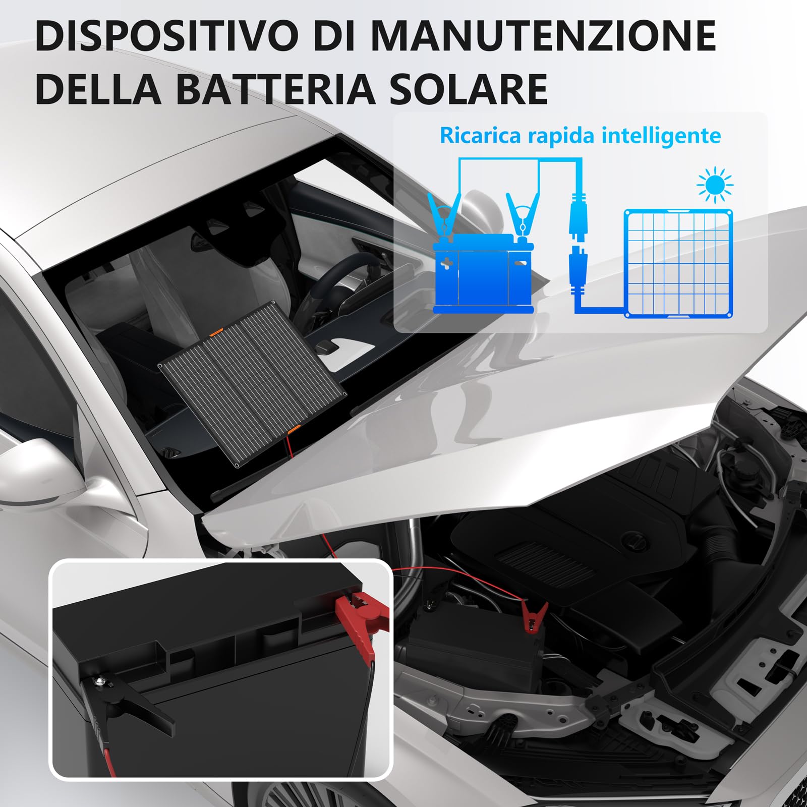 Pannello solare 50W 12V Caricabatteria solare per auto Mantenitore portatile impermeabile Caricabatteria solare di mantenimento per auto barca automotive RV