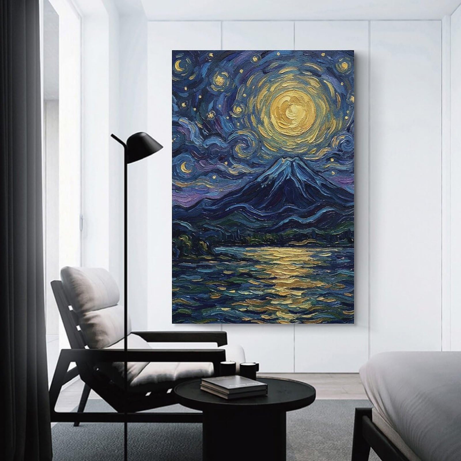 Junmoney Mountain And Starry Night Painting Wall Art Print, 24x36inch(60x90cm), for Study, Office Or Focused Interiors, Home Office Artwork with Decorative Appeal