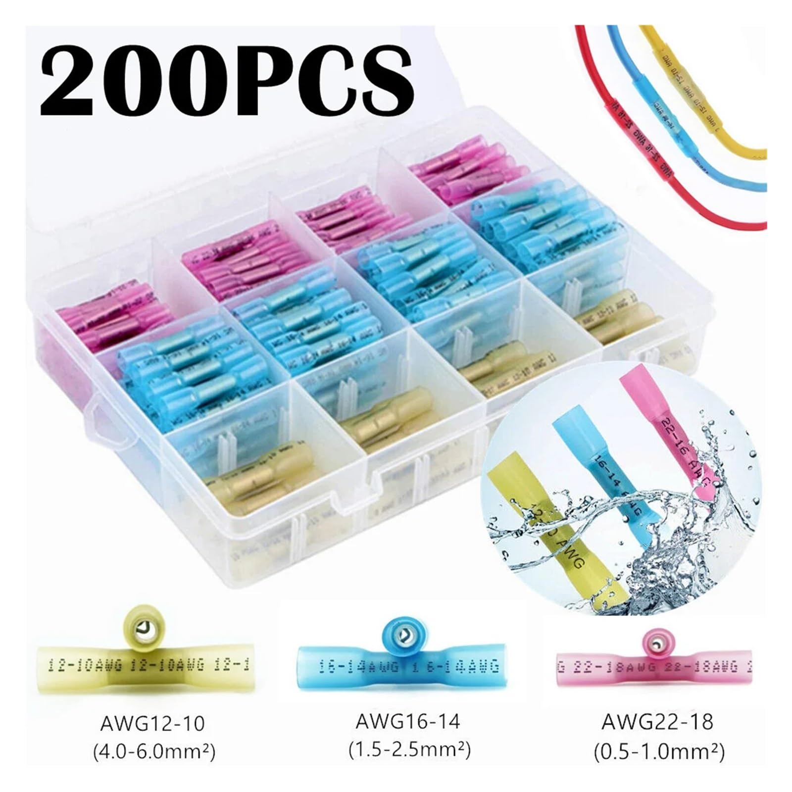 200Pcs Insulated Electrical Straight Wire Splice Butt Connectors Heat Shrink Seal Crimp Terminals with Words