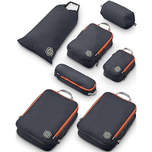 Large Compression Packing Cubes for Travel-Packing Cube Luggage Organizers 7 Piece Set for Checked Luggage-Ultralight, Expandable/Compression Bags by TRIPPED Travel Gear (Grey/Orange)