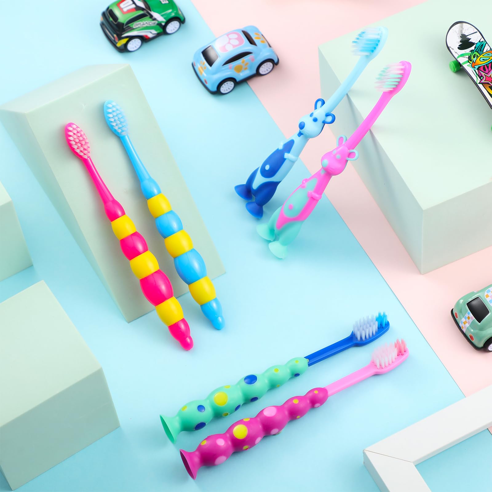 36 cepillos de dientes para niños pequeños, paquete de cepillos de dientes manuales para bebés con cubiertas, cepillo de dientes con ventosa, cepillo de dientes de animales de cerdas suaves