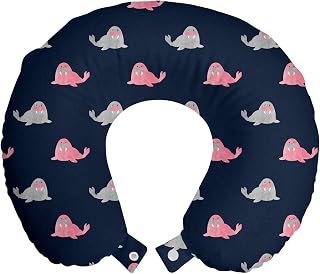 Lunarable Marine Travel Pillow Neck Rest, Walrus Marine Mammal in Watercolor Themed Creative Ocean, Memory Foam Traveling Accessory for Airplane and Car, 12", Dark Blue Pink and Pale Grey