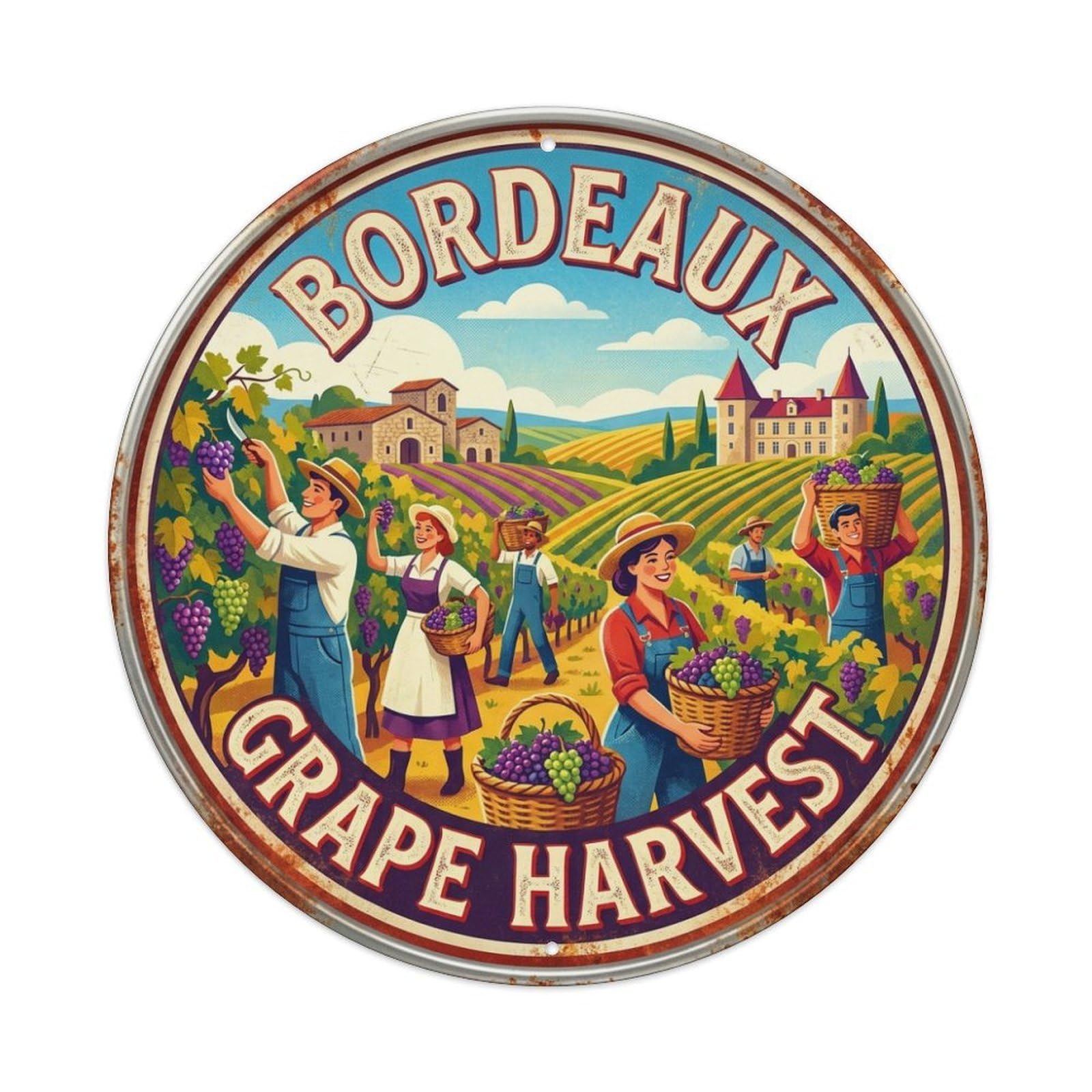 Grape Harvest Bordeaux France Landmark Travel Metal Tin Sign