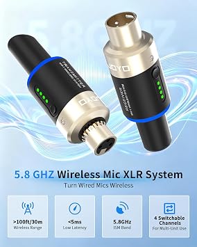 JOYO 5.8Ghz Wireless Microphone System 4 Channels XLR Transmitter Receiver Plug-on Mic Adapter for Dynamic/Phantom-Powered Condenser Live Sound, Studio, Church, Audio Mixer, PA System (MW-1A)