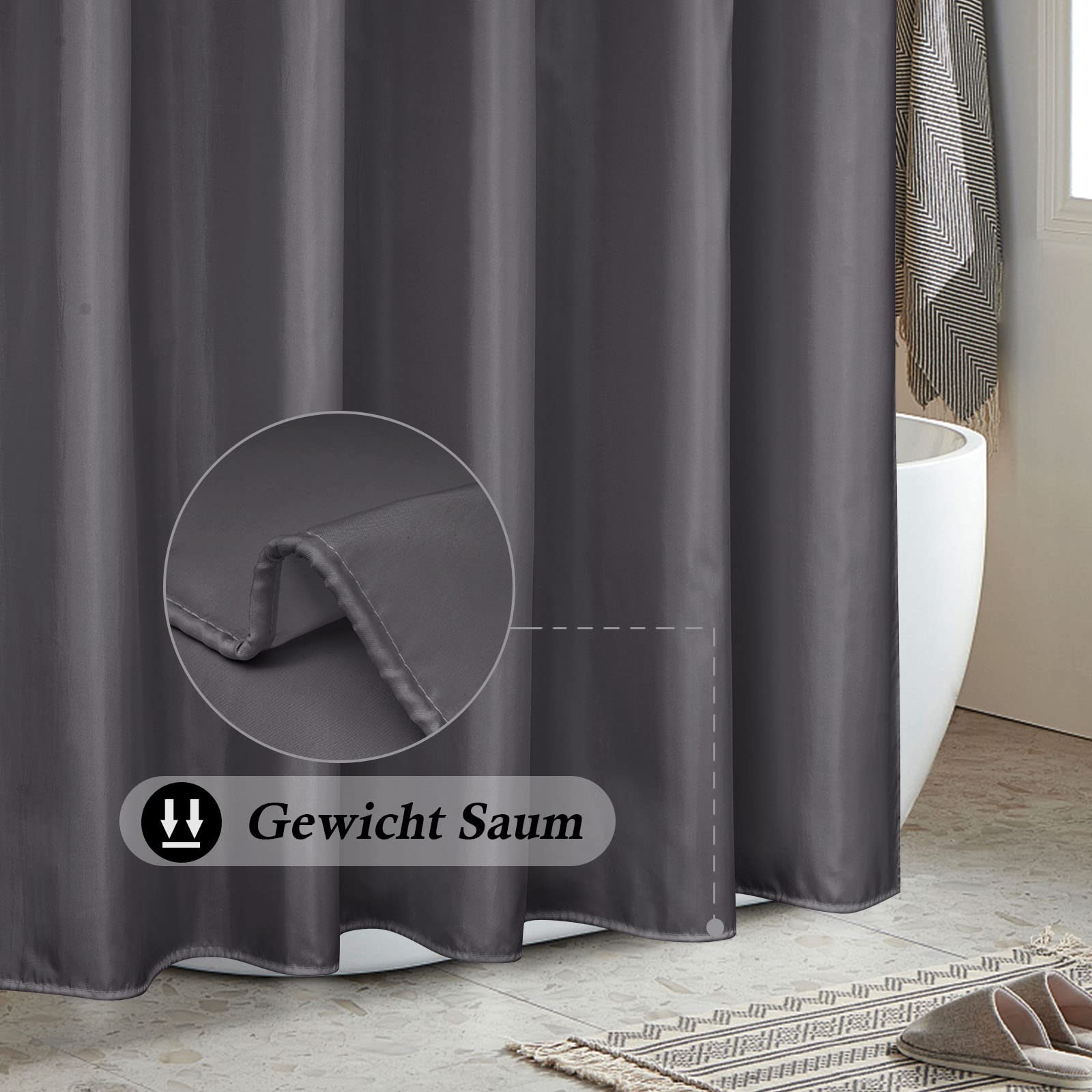 EurCross Cortina de ducha de 150 x 180 cm, tela textil estrecha, cortina de baño para baño, resistente al agua y se seca rápidamente, gris oscuro, antimoho, lavable, cortina de ducha con 10 anillas