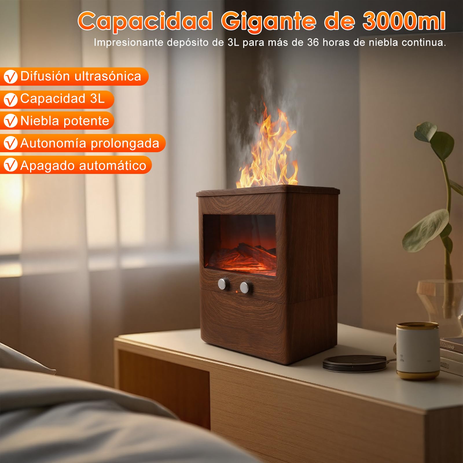 3L Difusor Aceites Esenciales con Chimenea LED Difusor de Aromas Ultrasónico Difusor de Aromaterapia Flame Vaporizador de Esencias para Casa, Yoga