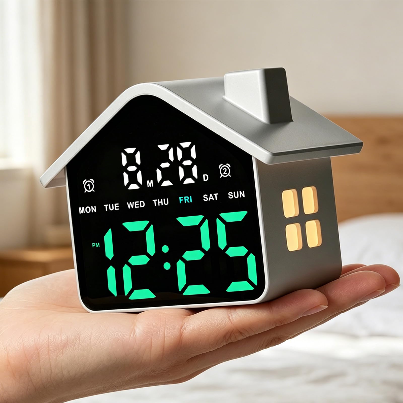Reloj despertador digital LED con forma de casa con ajuste de brillo y fecha, para decoración de escritorio en casa, oficina