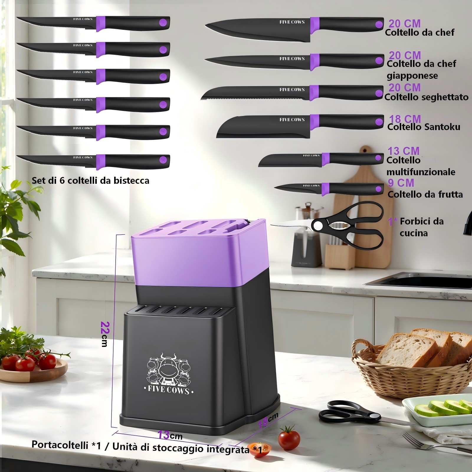 Set Coltelli da Cucina, 14 Pezzi, Set Coltelli da Cucina in Acciaio Inossidabile, con Fessure per Forbici e Asta, Design Moderno per Casa e Ristorante (Viola)