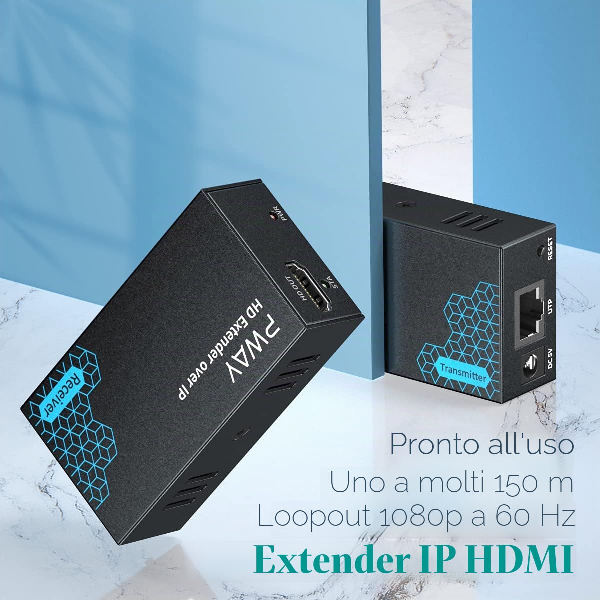 PWAY PW-DT243 Extender HDMI su IP 150m/492ft 150m Trasmissione Tramite Cavo di Rete Cat5e / 6/7/8 Supporto Loopout Locale e Trasmissione da 1 a Multipla Tramite lo Switch di Rete