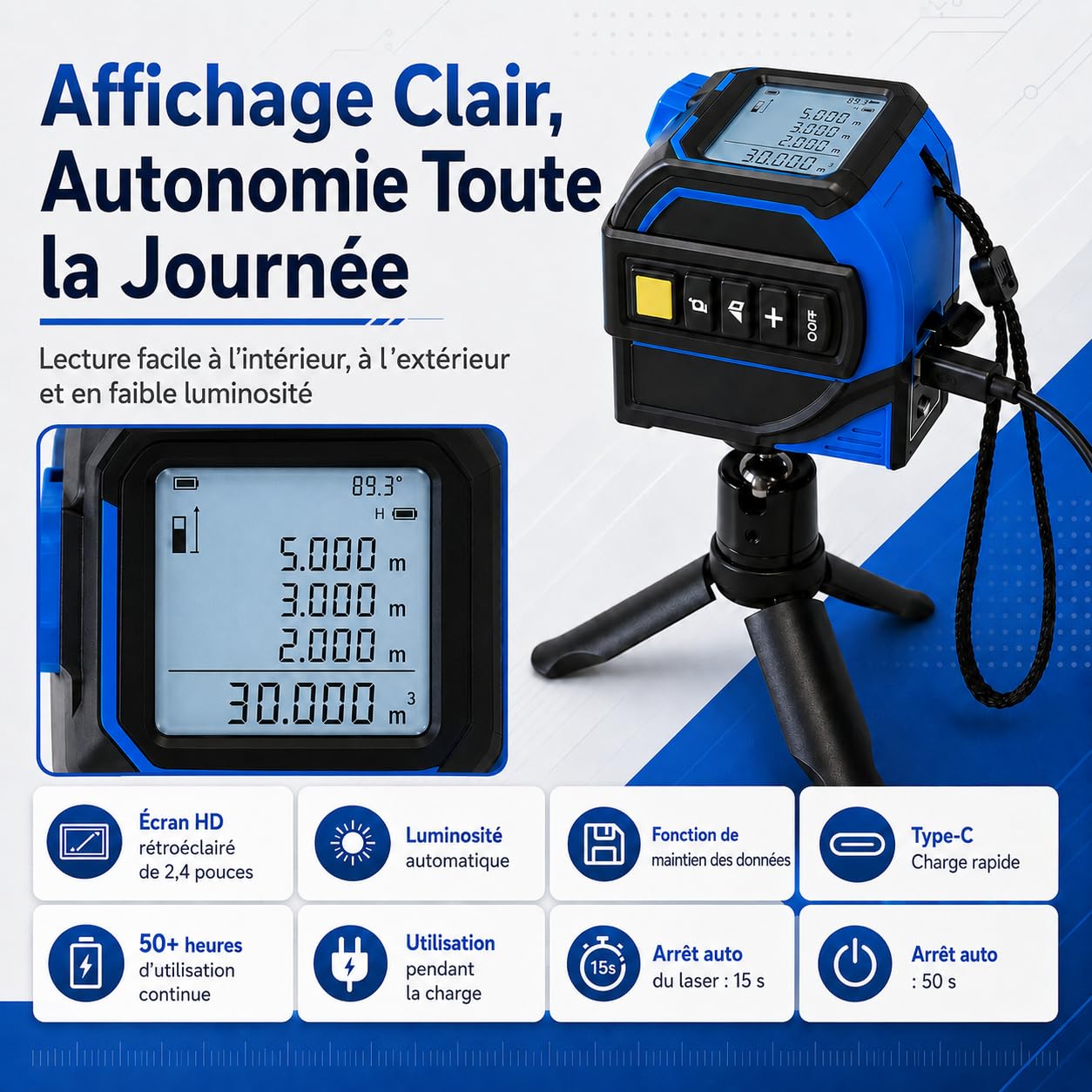Télémètre Laser 40 m, mètre Laser 4 en 1 avec Ruban de Mesure de 5 m, Laser 40 m, réticule Laser 16 m et trépied pour mesures de Surface, théorème de Pythagore et nivellement