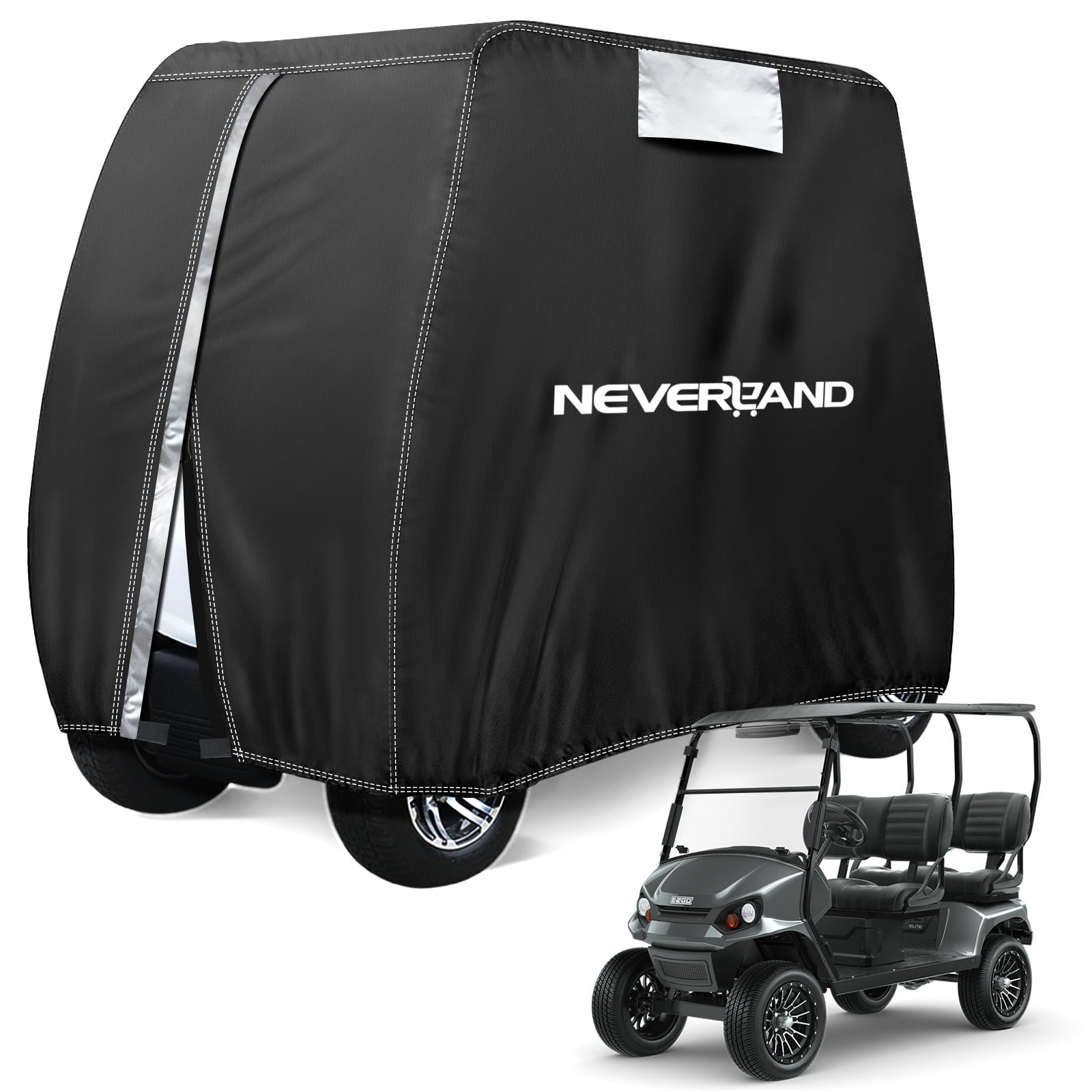 NEVERLAND Golf Cart Cover - Waterproof Golf Cart Covers - Fits for Yamaha Golf Carts EZ GO Club Car - Outdoor Windproof Sunproof (Black, Fit for 2+2/4 Passenger Cart)