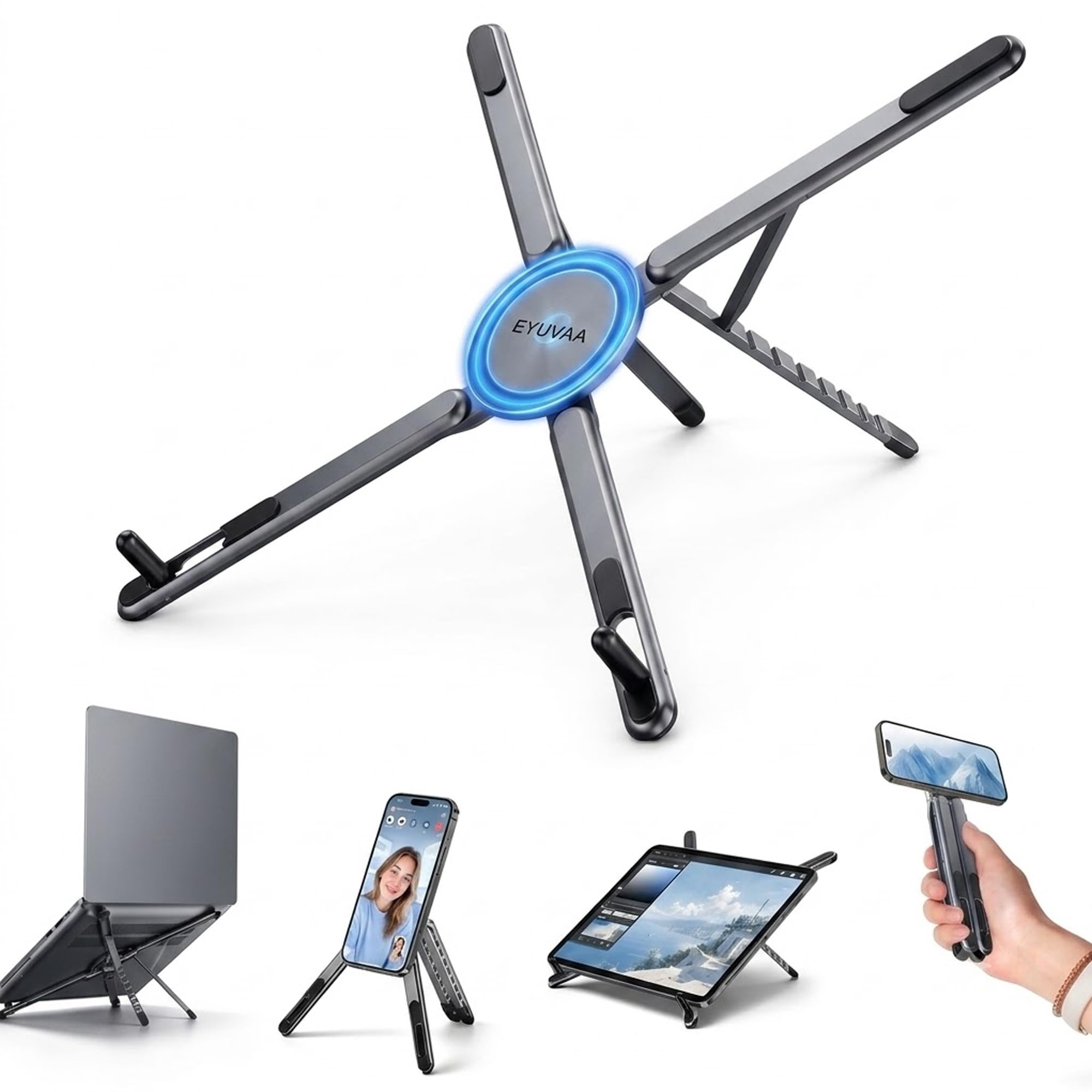 EYUVAA Label Adjustable Laptop Stand with Magnetic Phone Holder| Foldable Ergonomic Aluminium Laptop Riser| Anti-Slip Stable Design| Multi-Angle Desktop Stand for Laptops, Tablets & Smartphones (Grey)-image-49