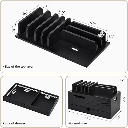 Miniatura 4 de Homde Estación de carga de bambú natural para múltiples dispositivos, organizador de cables con cajón de 6 ranuras para cargadores, teléfonos,