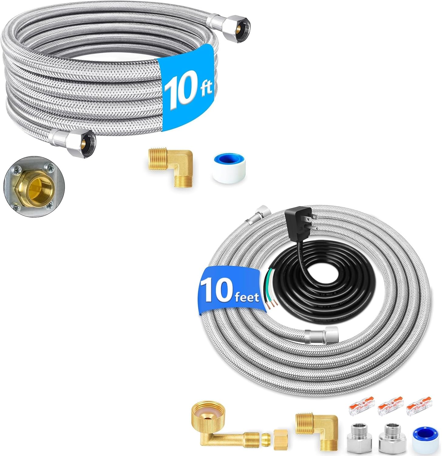 10 FT Stainless Steel Braided Water Supply Line with 3/8" Compression Connections for Dishwasher and Faucet(2pcs),Food Grade PEX Inner Tube Water Supply Line with Elbows,Adapters and 6 FT Power Cord