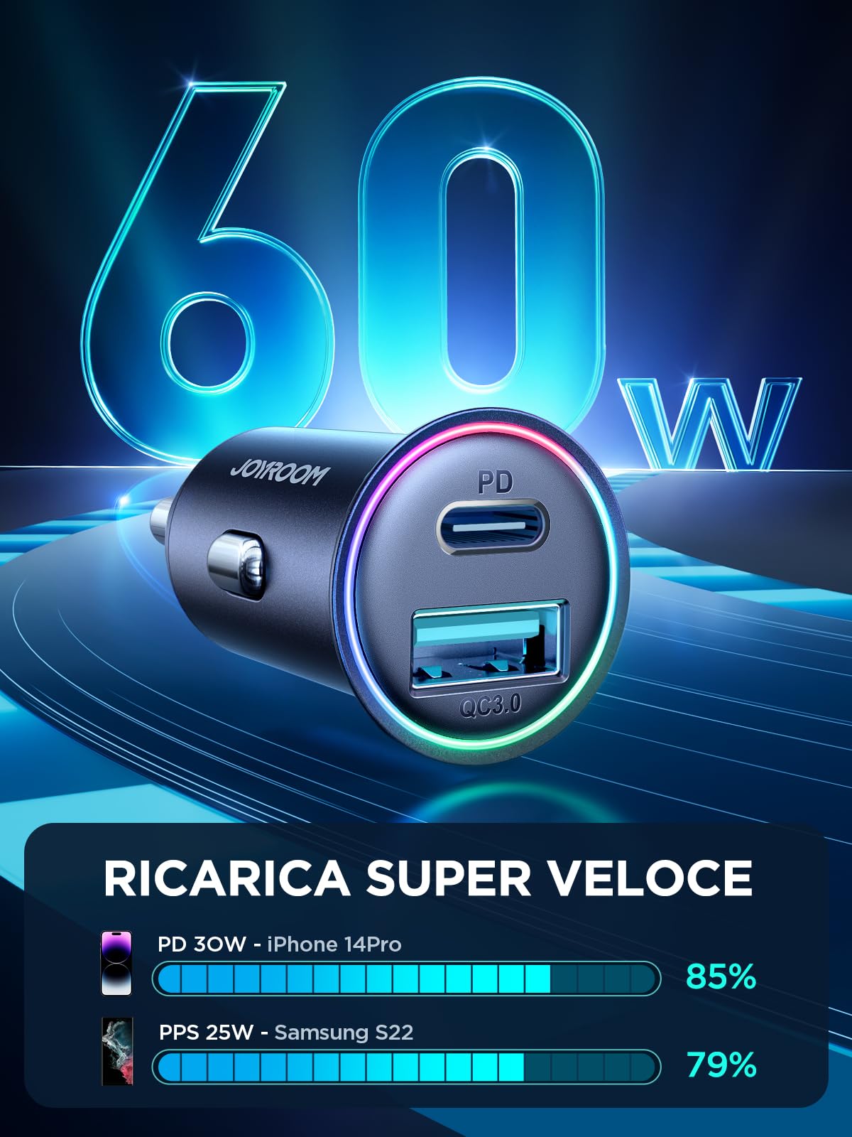 JOYROOM Caricatore USB C 60W PD&QC 3.0 Mini Presa Auto in Metallo con Cavo di Ricarica USB/C a C da 1,5 M Accendisigari con Luce LED per iPhone 15 14 13 Pro Max, Samsung, iPad, AirPods