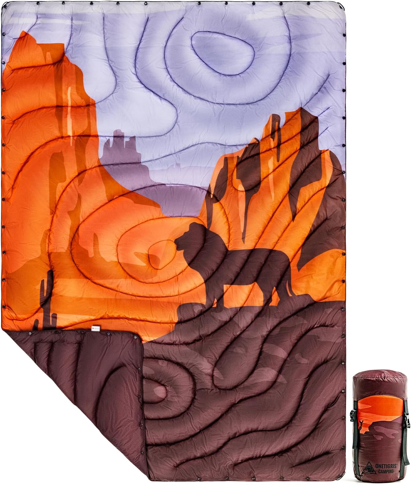 ONETIGRIS Ultralight Camping Blanket, Packable Puffy Quilt Puffy Printed Camping Blanket with Snap Buttons & Corner Loops for Backpacking, Hiking & Travel