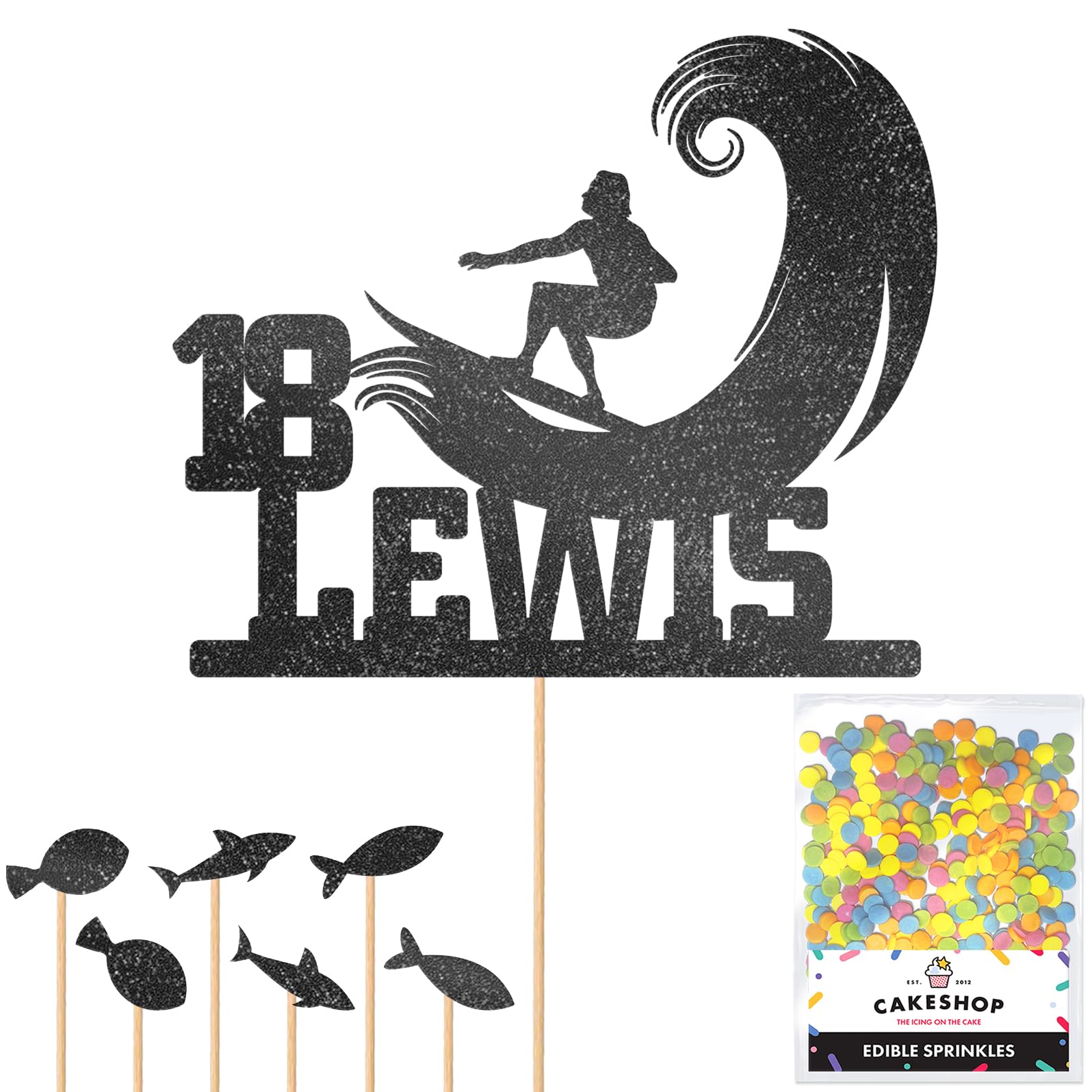 Personalised Surfer Wave Surfing Glitter Cake Topper- Black Any Custom Age & Name Glitter Cake Decoration and Sprinkles - Happy Birthday Decorations - Personalised Toppers for Cakes by Cakeshop