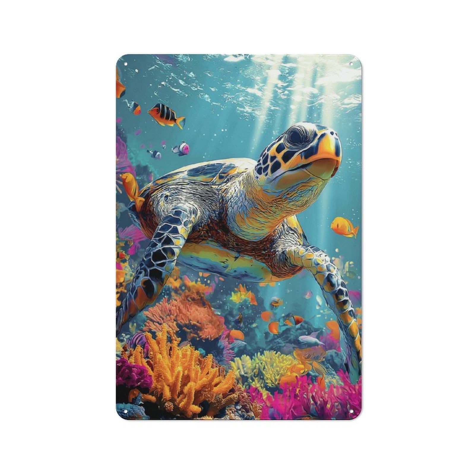 Junmoney Ocean Life Turtle And Coral Reef Tin Sign With Design 30X20cm, Vintage Workshop Wall Decor For Tool Room, Garage, Studio Or Home Bar