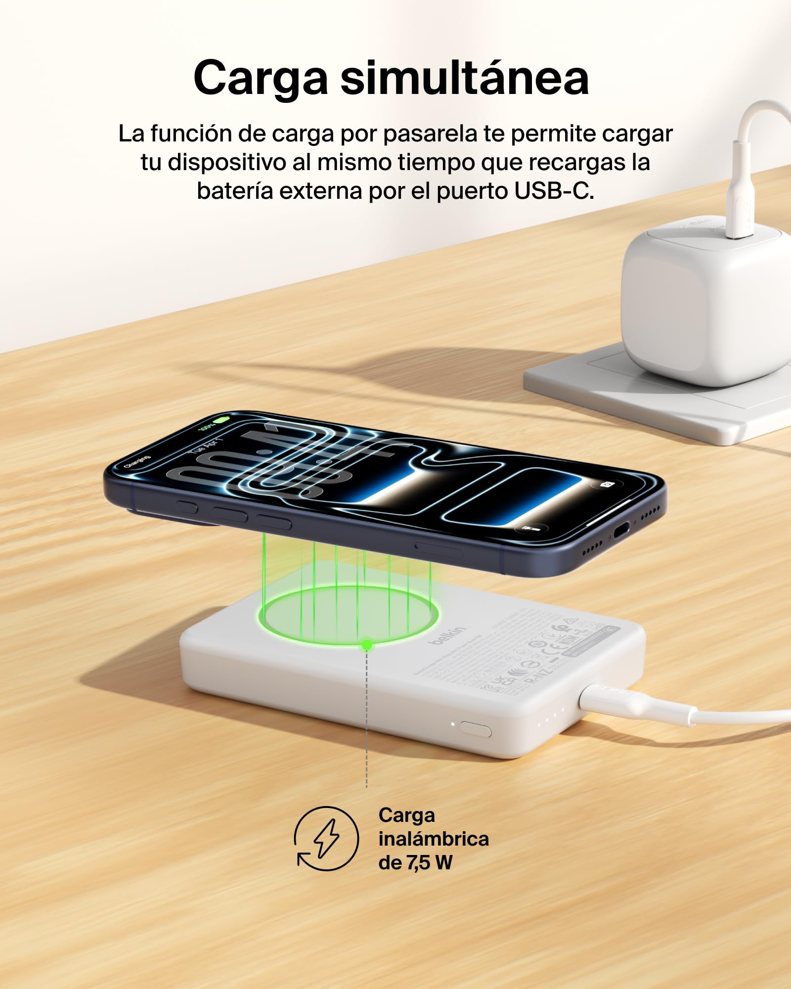 Belkin BoostCharge Batería Externa Magnética 10000mAh 1 Puerto USB-C Blanco | Power Bank 10000 mAh, Anillo Magnético, 2 Puertos USB-C, Cable Incluido, Autorizada como Equipaje de Mano, Batería Portátil