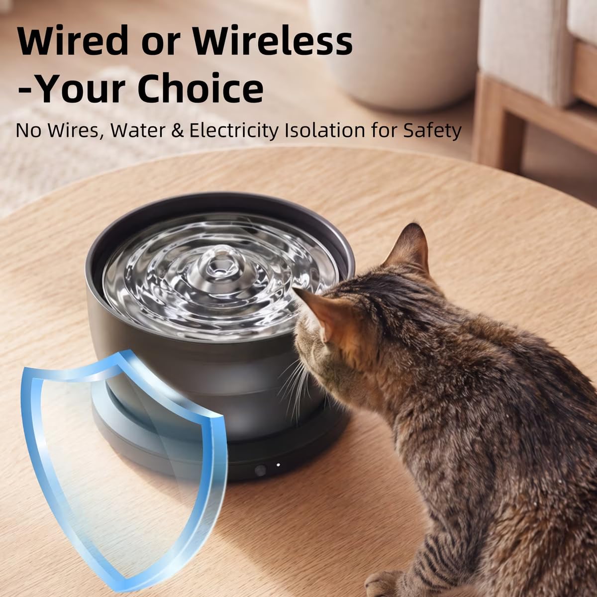 Casfuy W8LE - Fontana wireless per cani e gatti, con vassoio in acciaio inossidabile, 2,9 l, colore: nero