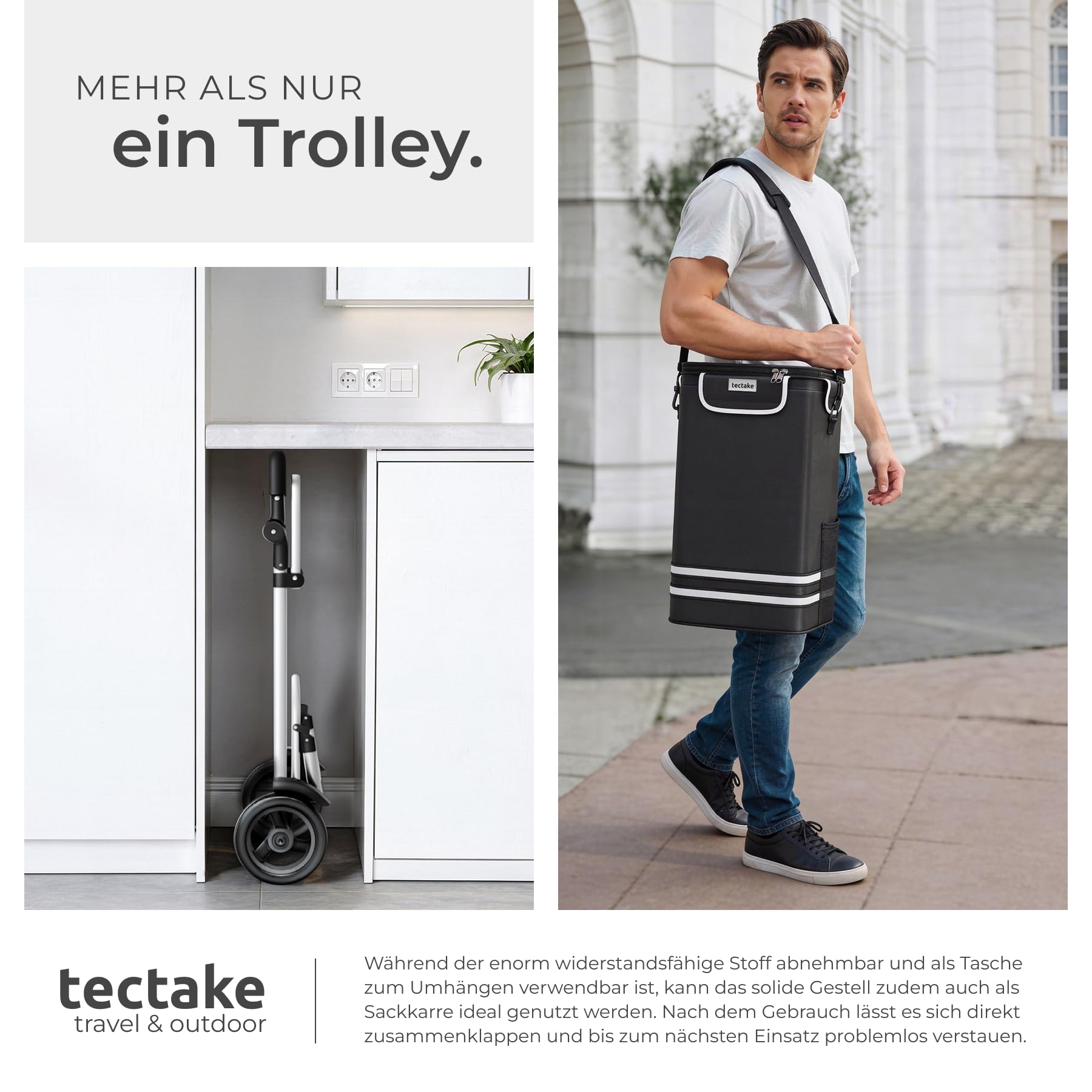 tectake® Einkaufstrolley 3-in-1 klappbar mit Kühltasche, 30 kg belastbar, 45,5 L, Einkaufsroller, Shopper, Sackkarre, Umhängetasche, Trolley Tasche, höhenverstellbarer Griff, Alu Gestell - schwarz