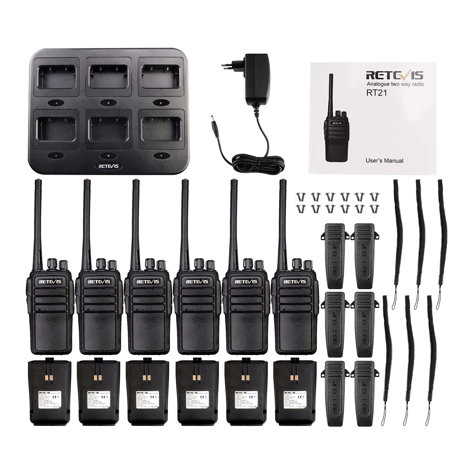 Retevis RT21 Walkie Talkie Dalekiego Zasięgu, Ręczne Radio z 6-Kierunkowym Gniazdem, Przenośne Radio, VOX, Ładowalne Radio Dwukierunkowe dla Bezpieczeństwa, Ratować, Nagły Wypadek (Czarny, 6 Szt)
