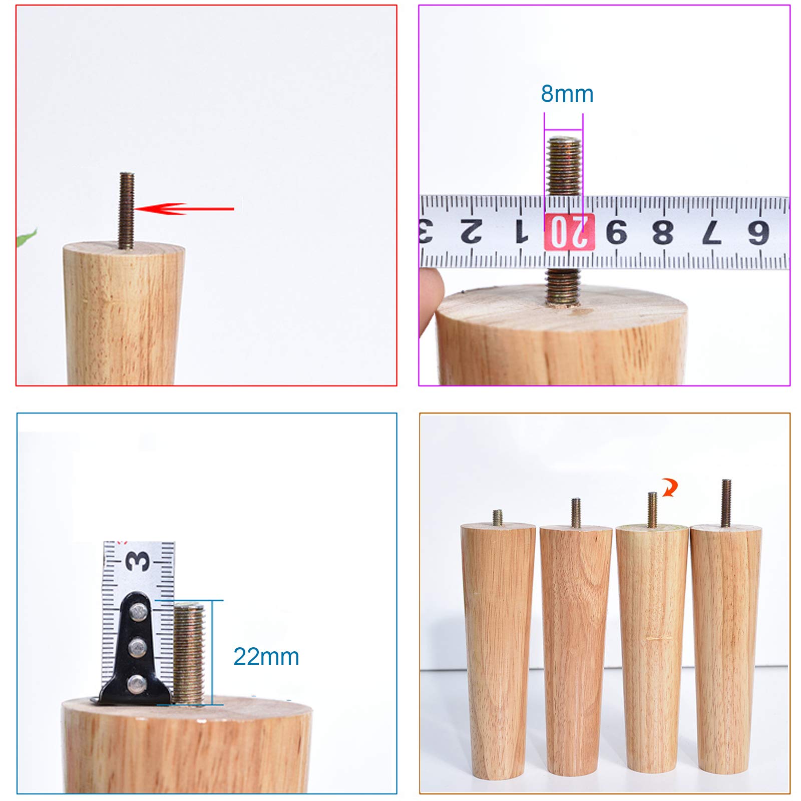 Confezione da 4 Gambe per Mobili in Legno Gambe per Divano in Legno Massello Gambe per Tavolino Coniche Gambe per Mobili in Eucalipto Piedini di Ricambio per Divano TV Mobile Letto Tavolo Poltrona,