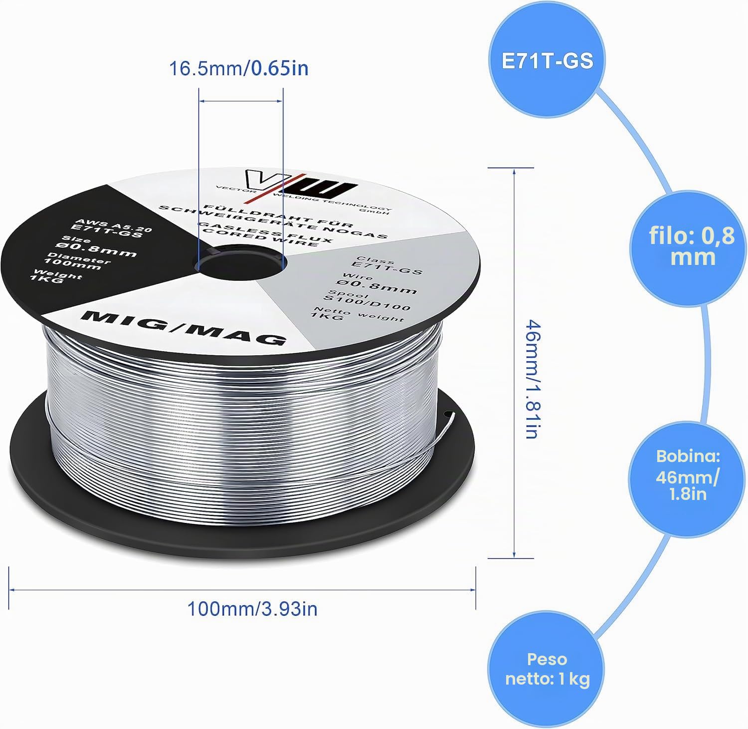 VECTOR WELDING Filo Animato E71T-GS 0,8mm 3KG Bobina MIG MAG D100 Saldatura Universale