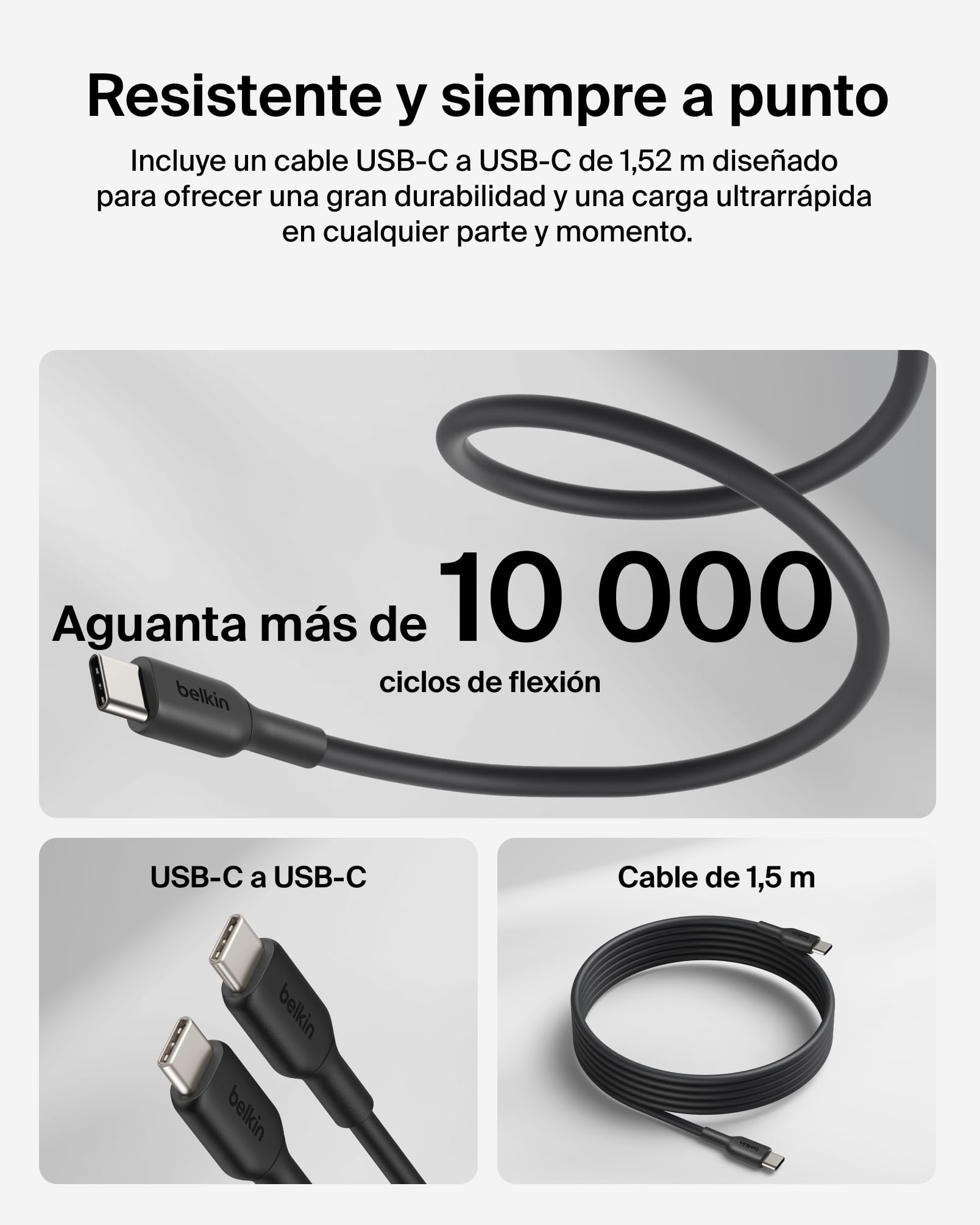 Belkin BoostCharge Cargador USB C, Cargador GAN Compacto 100W Plegable, Carga Rápida, Enchufe USB C Pared, Cable USB C de 1,5 m, iPhone 17, Samsung Galaxy S26, Pixel 10, AirPods - Negro