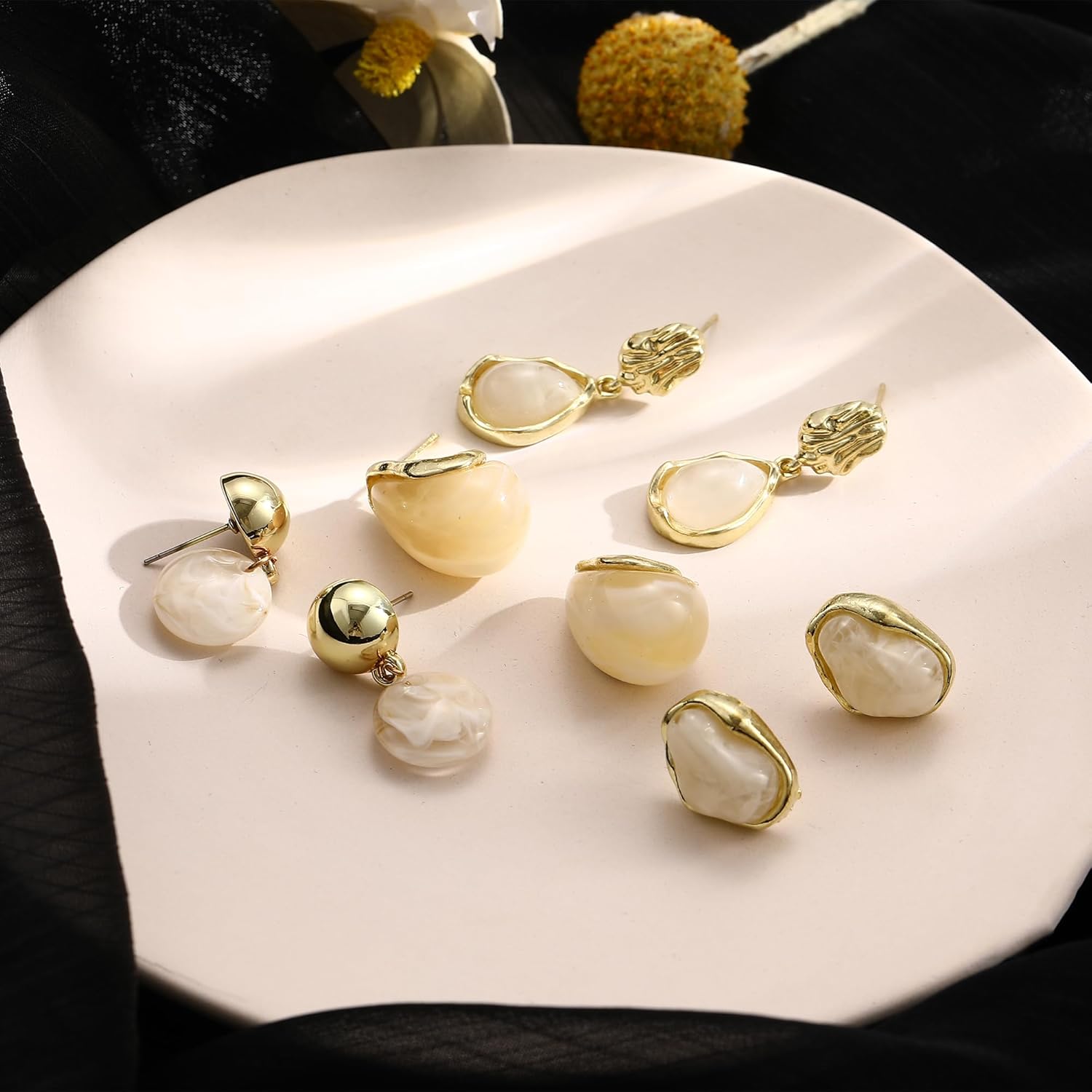 Gold Acrylic Teardrop Earrings Set for Women, 14K Gold Plated Brown Resin Tiger Eye Stud Earrings, Open Drop Chunky Hoops Translucent Hypoallergenic Vintage Fashion Jewelry Gifts - Image 3