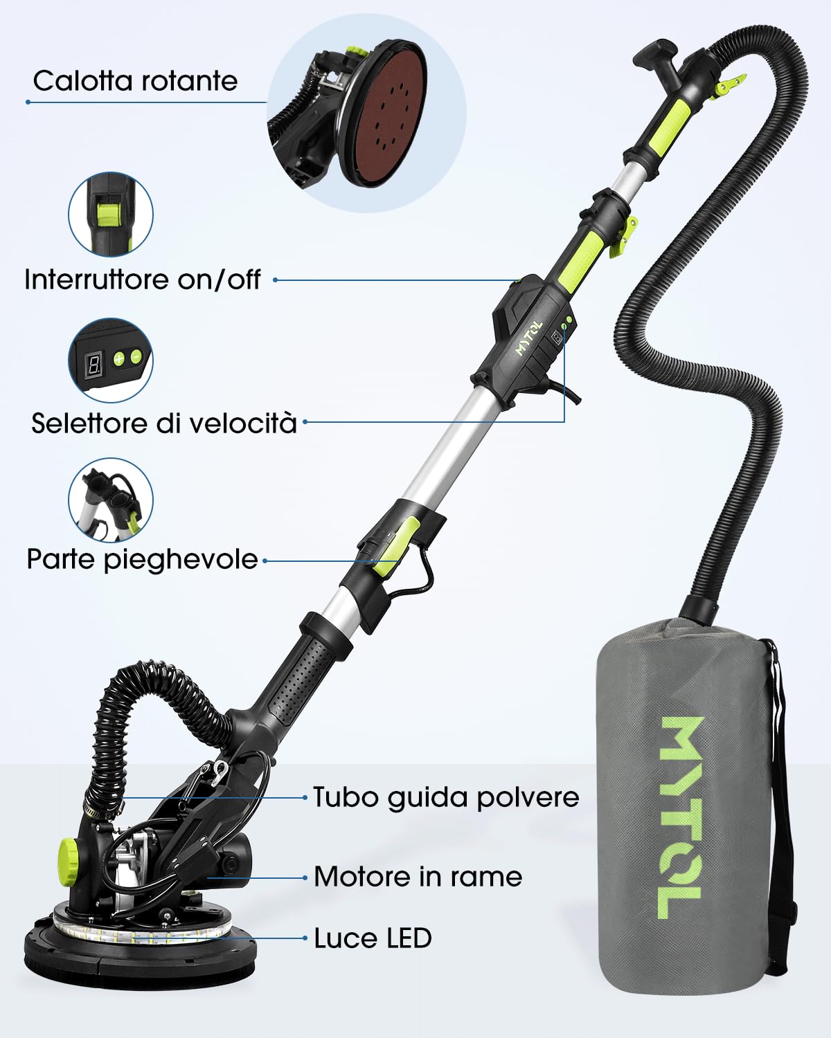 MYTOL Levigatrice per Muro con Aspiratore, 900W Elettrico Giraffa Levigatrice per cartongesso Manico Allungabile Pieghevole, 6 Velocità Variabili Massimo 1800U/min, Luce LED, 12 Carte Abrasive