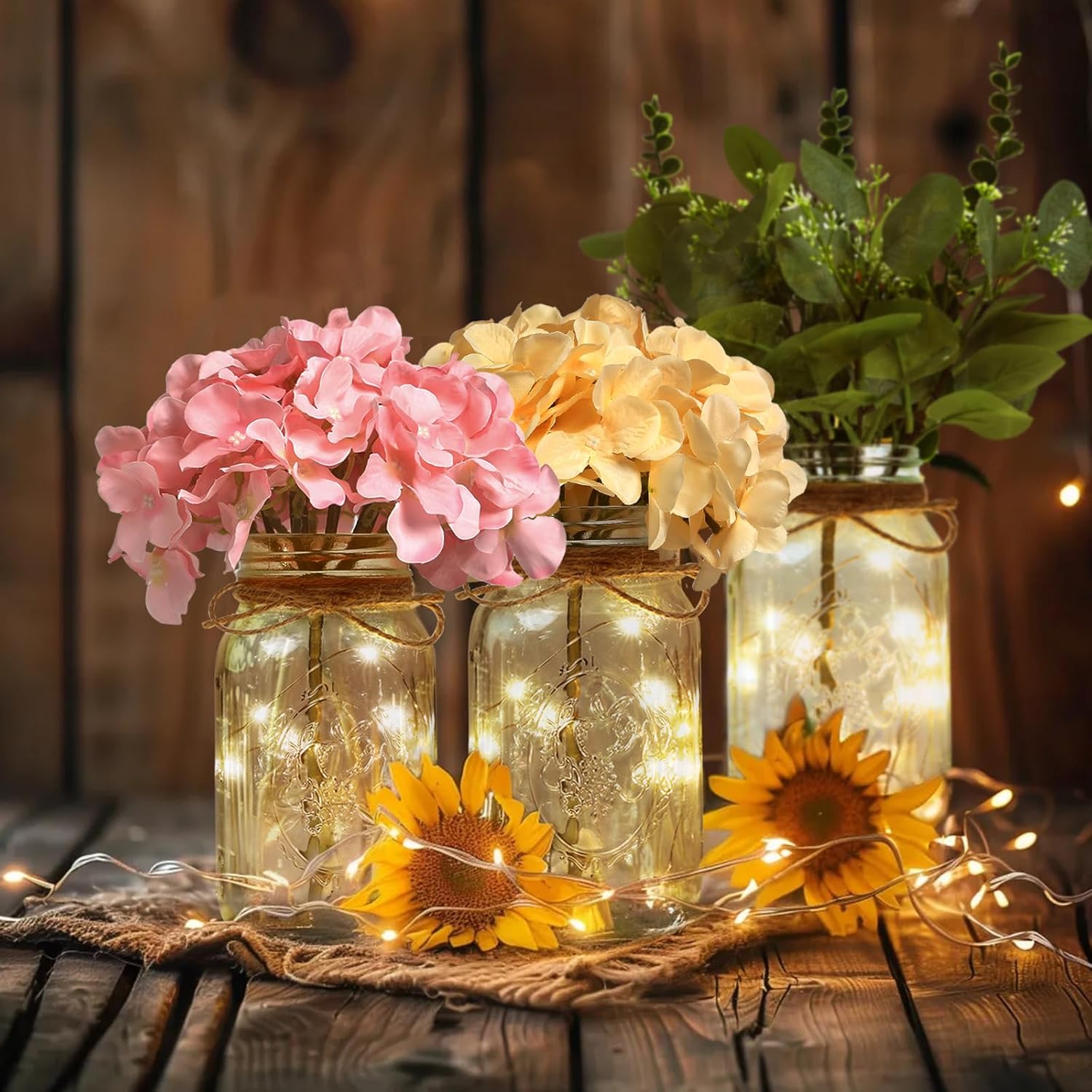 Set of 3 Mason Jar with Lights Blush Hydrangea Decorative Jars Flower Vase Farmhouse Table Centerpiece for Home Wedding Event Party Decor