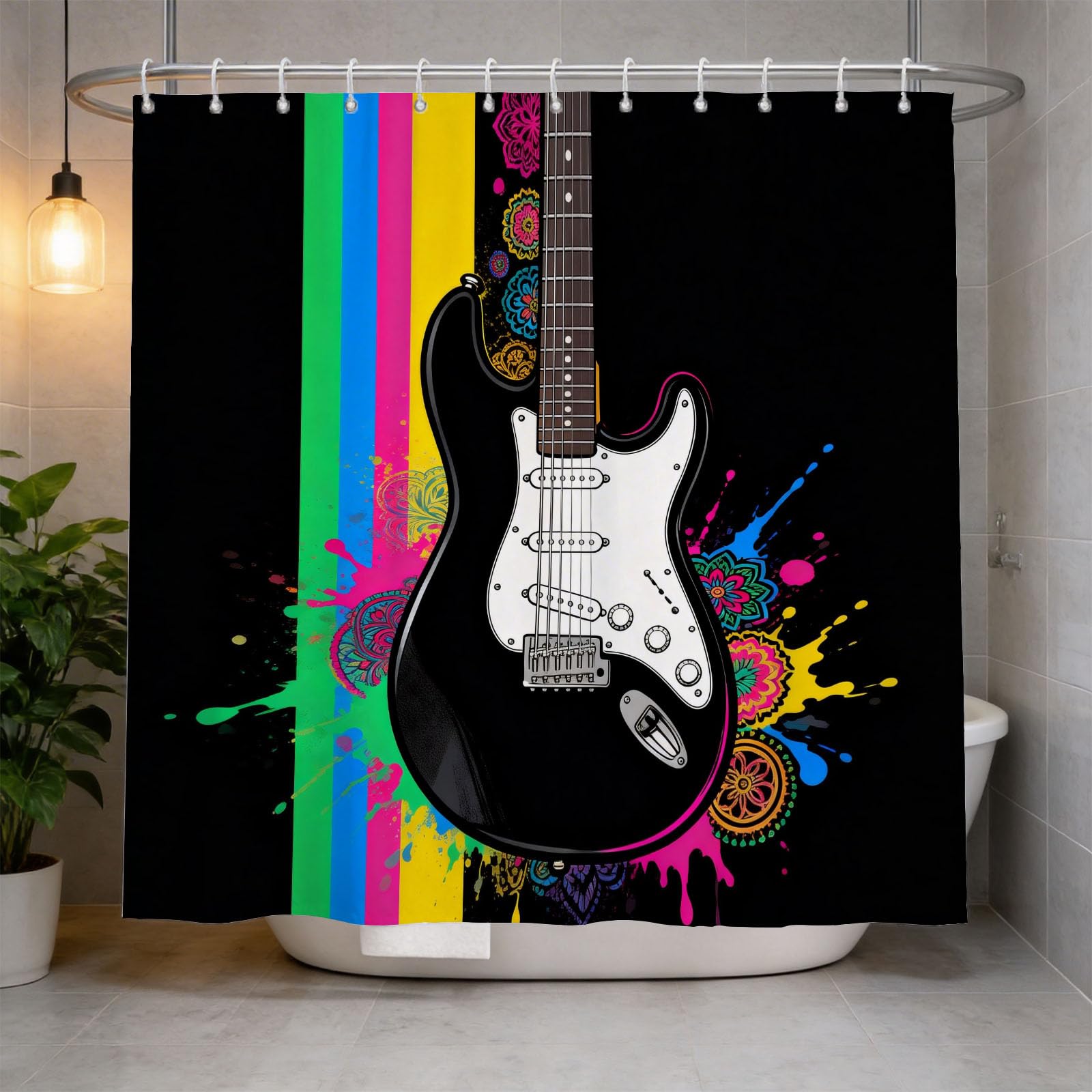 Hongduo 3D Colorful Guitar Shower Curtain for Stalls Bathtubs Rock Instrument Bathroom Decor Shower Curtain Set Polyester Fabric Waterproof 180x200cm/71X79 Inch with Hooks