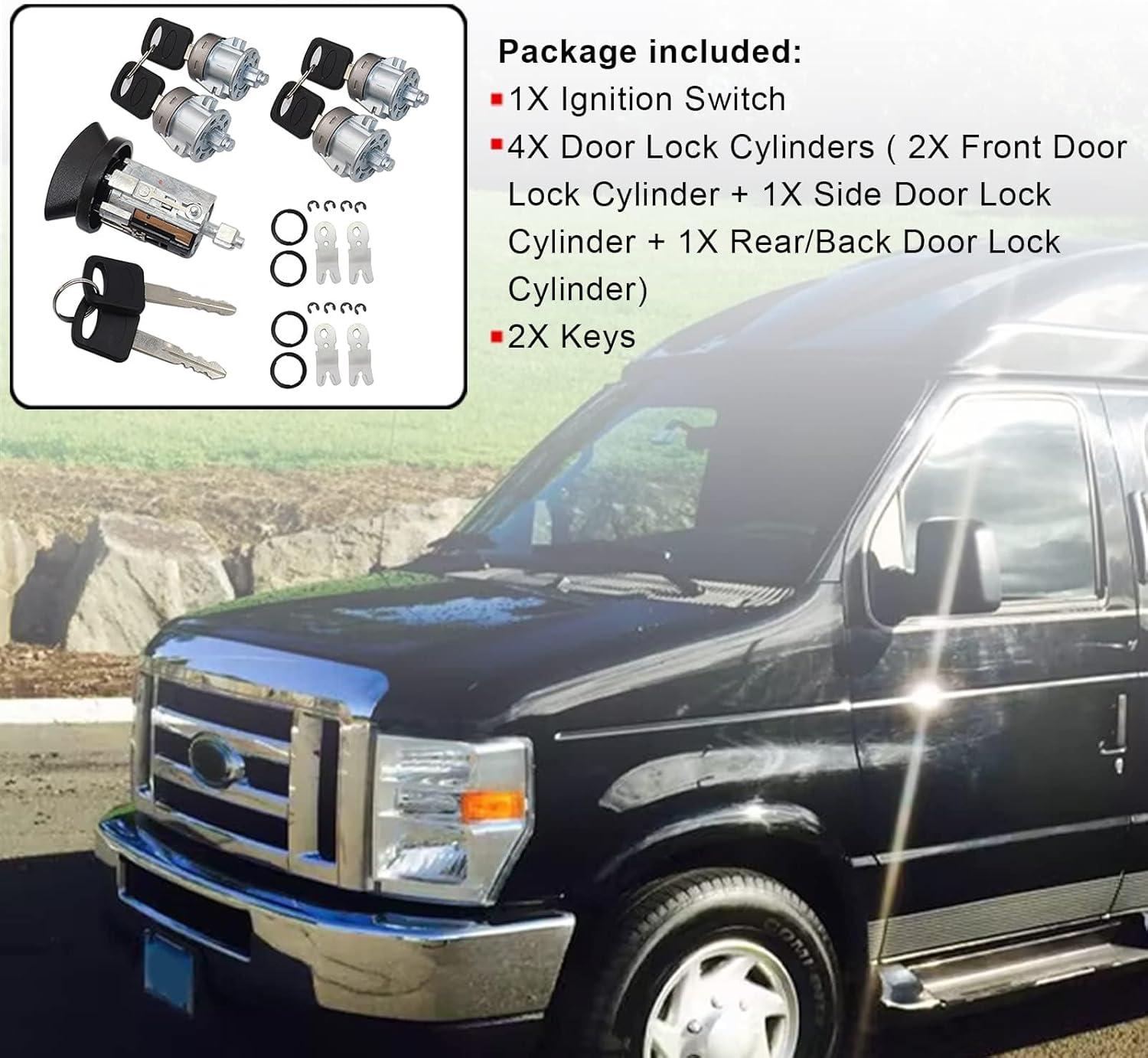 SecosAutoparts Ignition Switch Lock and Door Lock Cylinder Set Compatible with Ford Econoline E150 E250 E350 Van 1997-2020 Replace# LC6177 + 703369 X4 + 597638 X2 (with Chip)