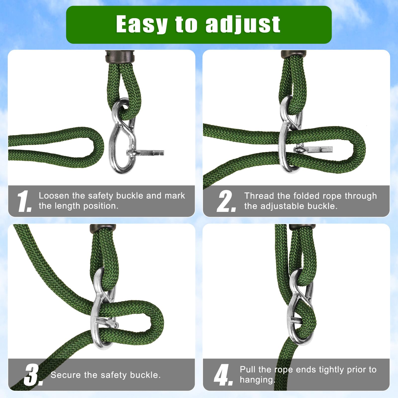 SELEWARE Lot de 2 Sangles réglables pour balancelle d'arbre de 3 m – Installation Rapide et Facile pour Chaise hamac, balançoire à pneus – Accessoires d'aires de Jeux intérieur/extérieur – Vert