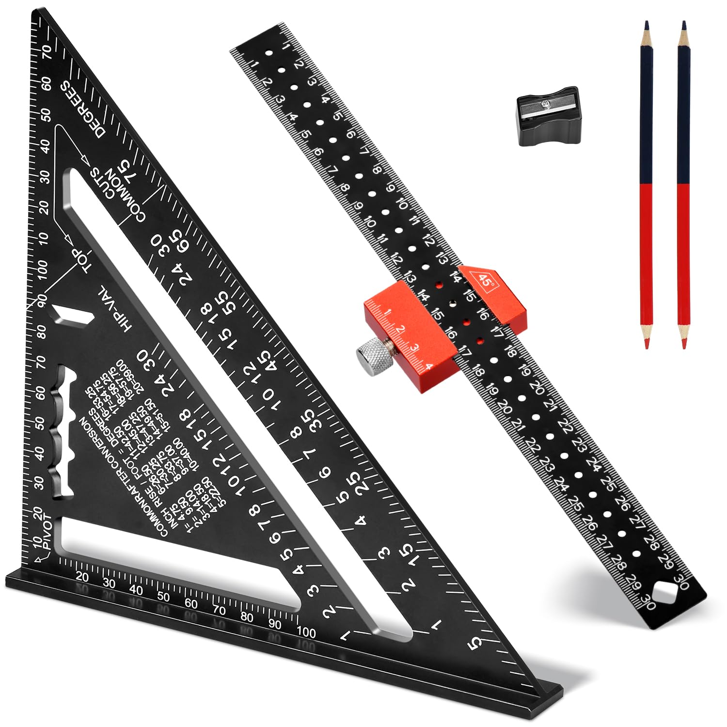 Juego de Escuadras de Carpintero,180mm Escuadra Carpintero, 300mm Escuadra Combinada 45°/90° con aluminio Bloque de Posicionamiento, para Medir, Marcar, Cortar，Herramientas Bricolaje