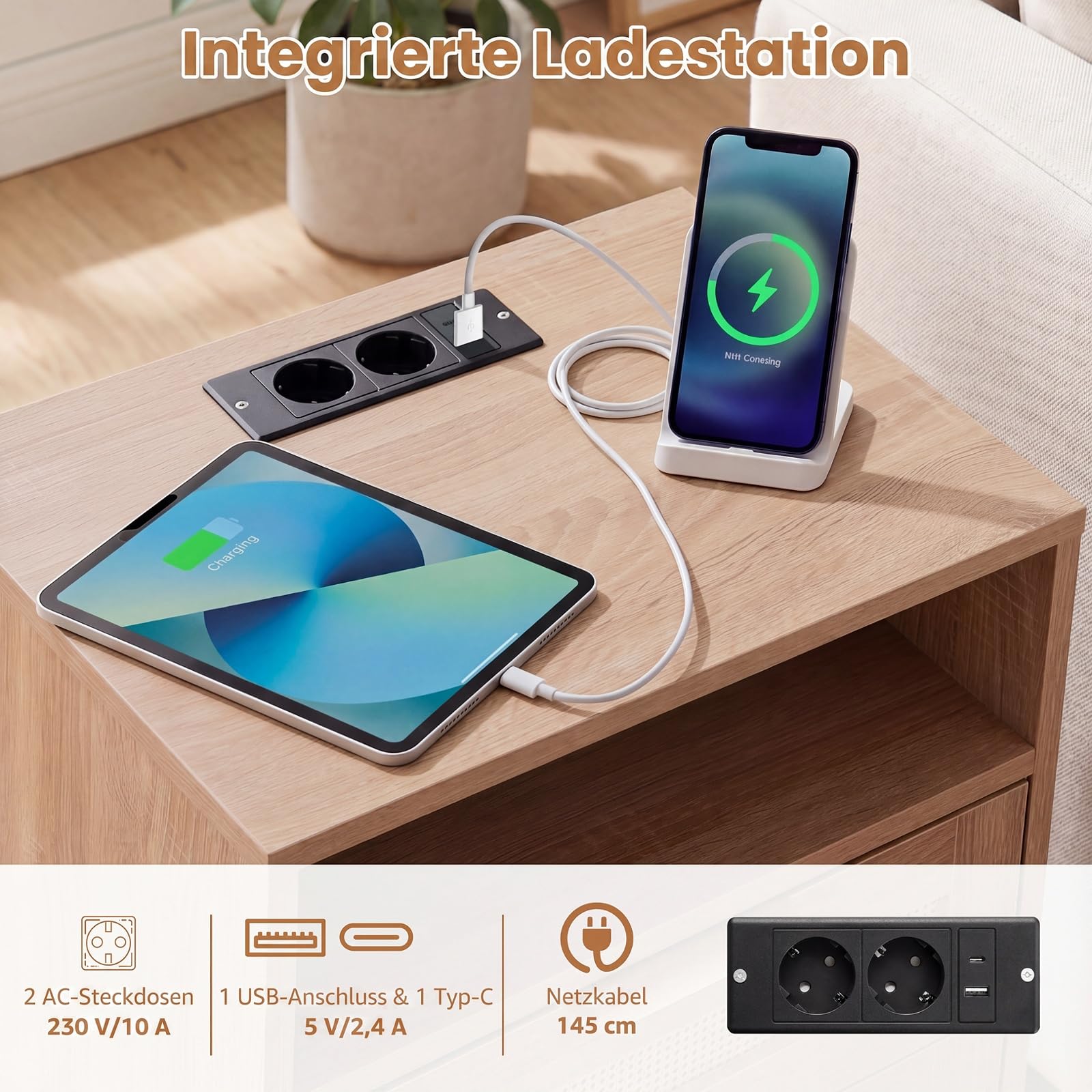 COSTWAY 2er Set Nachttisch mit Ladestation & LED-Leuchten, Holz Nachtkommode mit 2 Schubladen, Beistelltisch mit Rattan-Optik, Nachtschrank mit Fernbedienung, für Schlafzimmer， Wohnzimmer, Natur