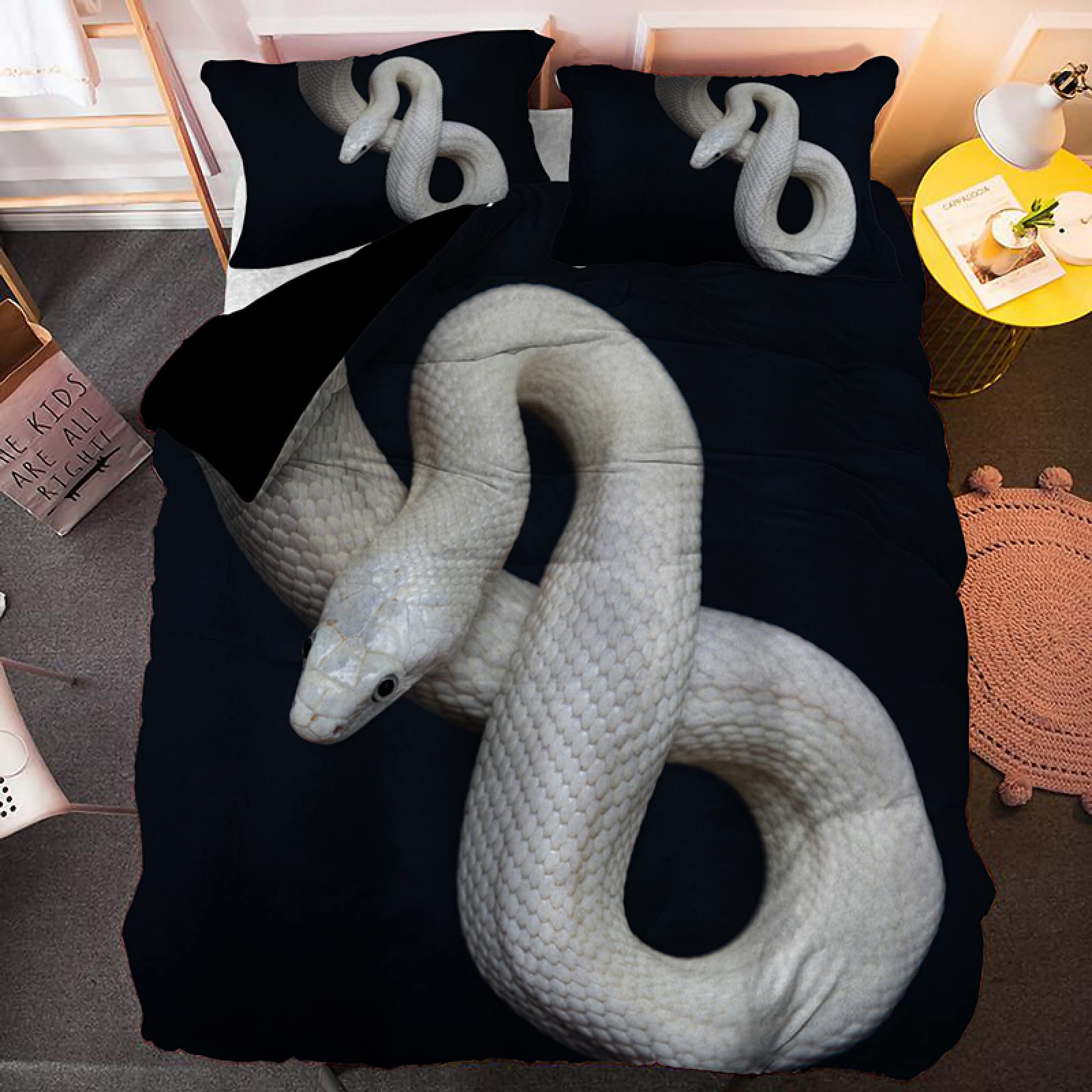 Housse de couette 140x200 serpent noir microfibre avec 2 taies d'oreiller lit enfant 110g/㎡