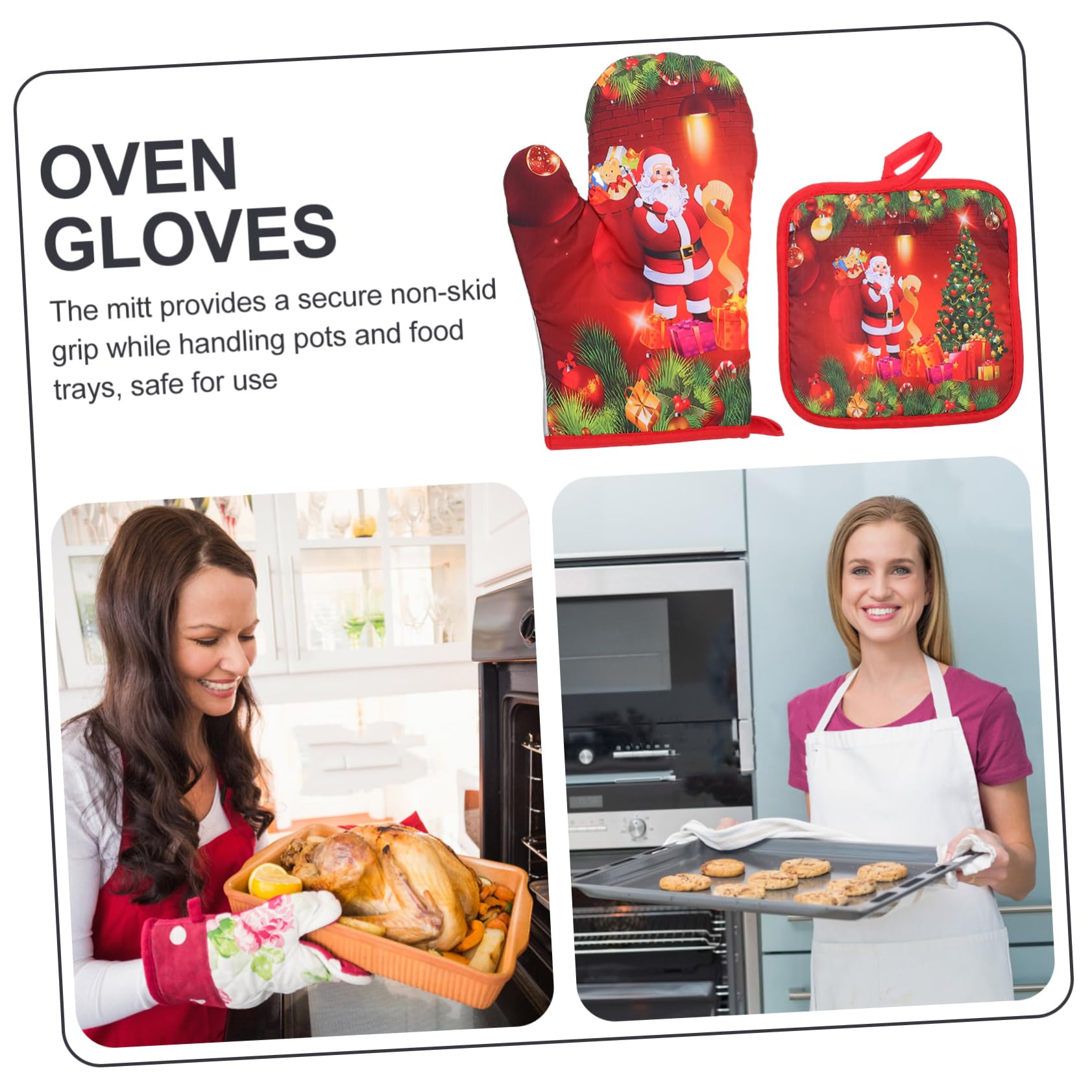 OUNONA Guantes De Cocina Resistentes Al Calor y Antiescaldaduras, Tamaño Estándar, Material Seguro Antideslizante, Unisex, para Horno, Microondas y Barbacoa, Set De 4 Piezas Diseño Navideño Rojo