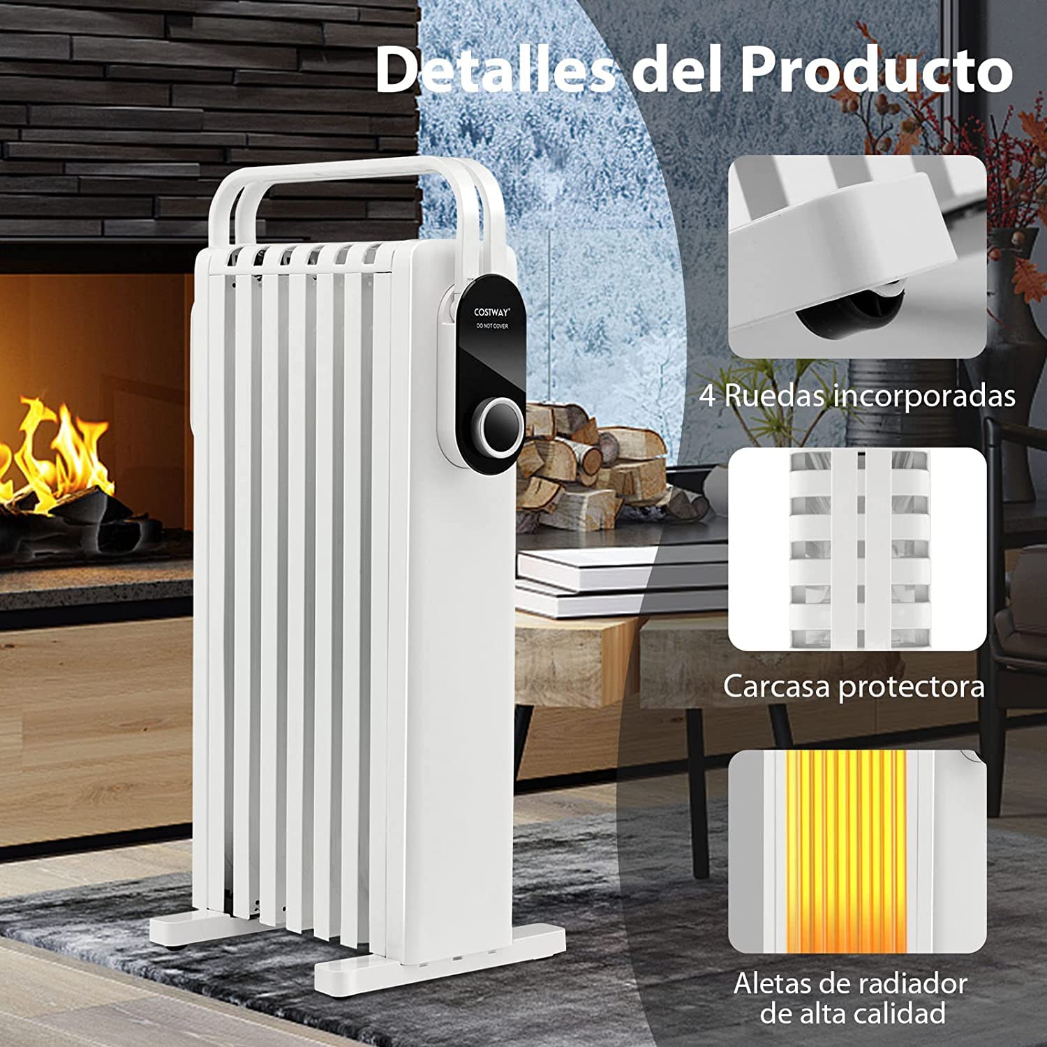 COSTWAY 1500W Radiador Eléctrico de Aceite, Calentador Eléctrico Bajo Consumo, 3 Ajustes de Calor hasta 35°, Estante Plegable para Colgar, Calentador de Bajo Ruido de Interior (Blanco)