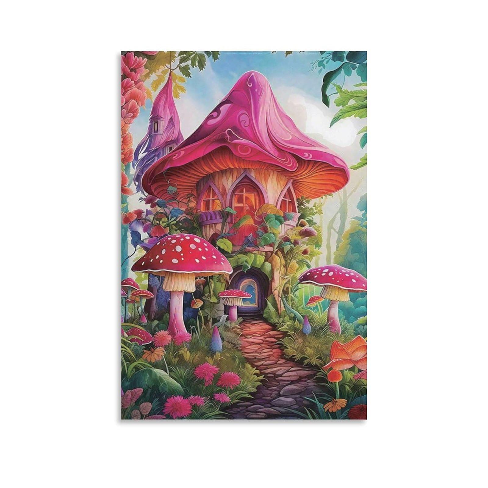 DHBANEIOK Fairy Mushroom House Poster Artwork Giclee Canvas Prints Modern Canvas Wall Art Picture Wall Hanging for Bathroom Wall Decor 24x36inch(60x90cm)
