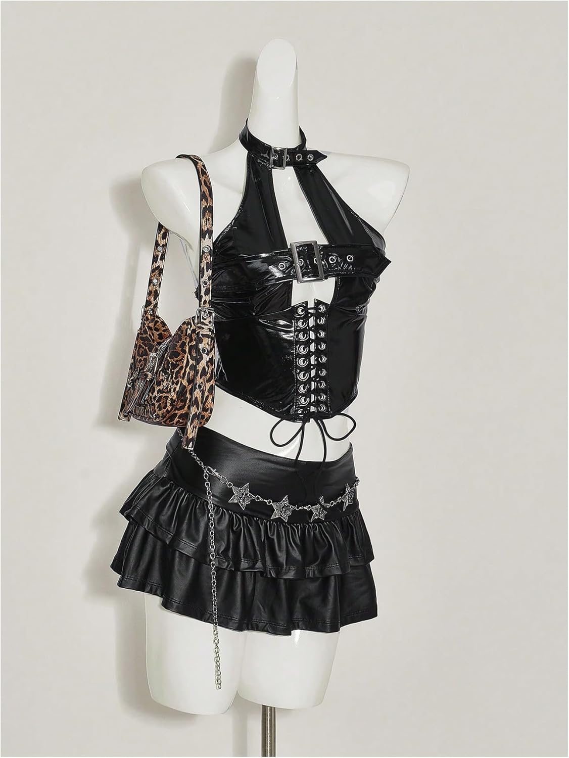 Floerns Women's Y2K Punk Cut Out Lace Up Halter Top Backless Grommet Buckle PU Leather Crop Tops - Image 5