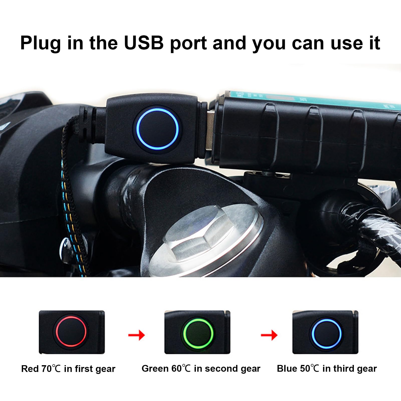 Copri Manubrio Riscaldante USB 5V per Moto e Scooter – Riscaldatore Manubrio con 3 Livelli di Temperatura (50°C/60°C/70°C), Rivestimento in Fibra Aramidica Antiscivolo, IP67 Impermeabile