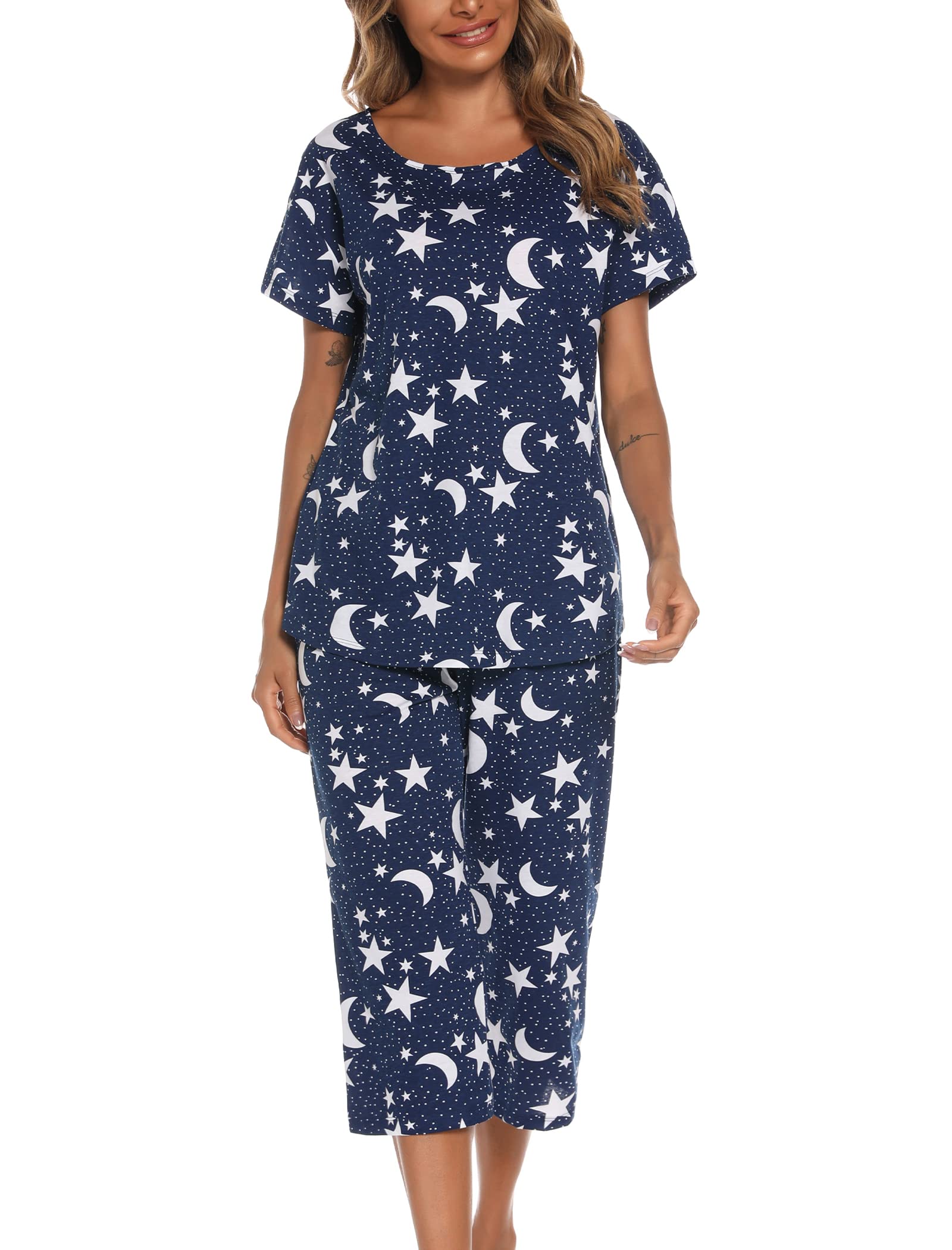 ENJOYNIGHT - Pijama corto para mujer, de manga corta, con pantalones de dormir de 3/4, ropa de dormir de dos piezas, de S a 3XL