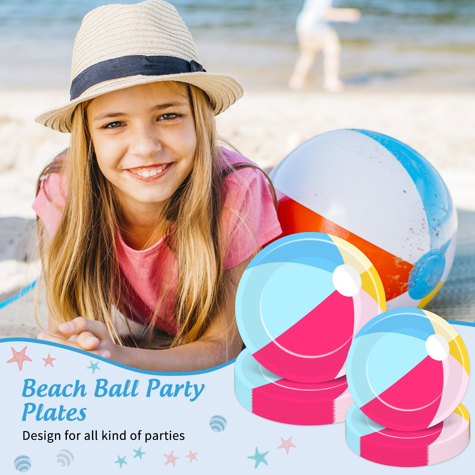 FYSUIMU 48 platos de papel de bola de playa de verano, platos desechables de bola de piscina, platos desechables de 7 y 9 pulgadas, vajilla de fiesta para cumpleaños, vacaciones, picnic, barbacoa