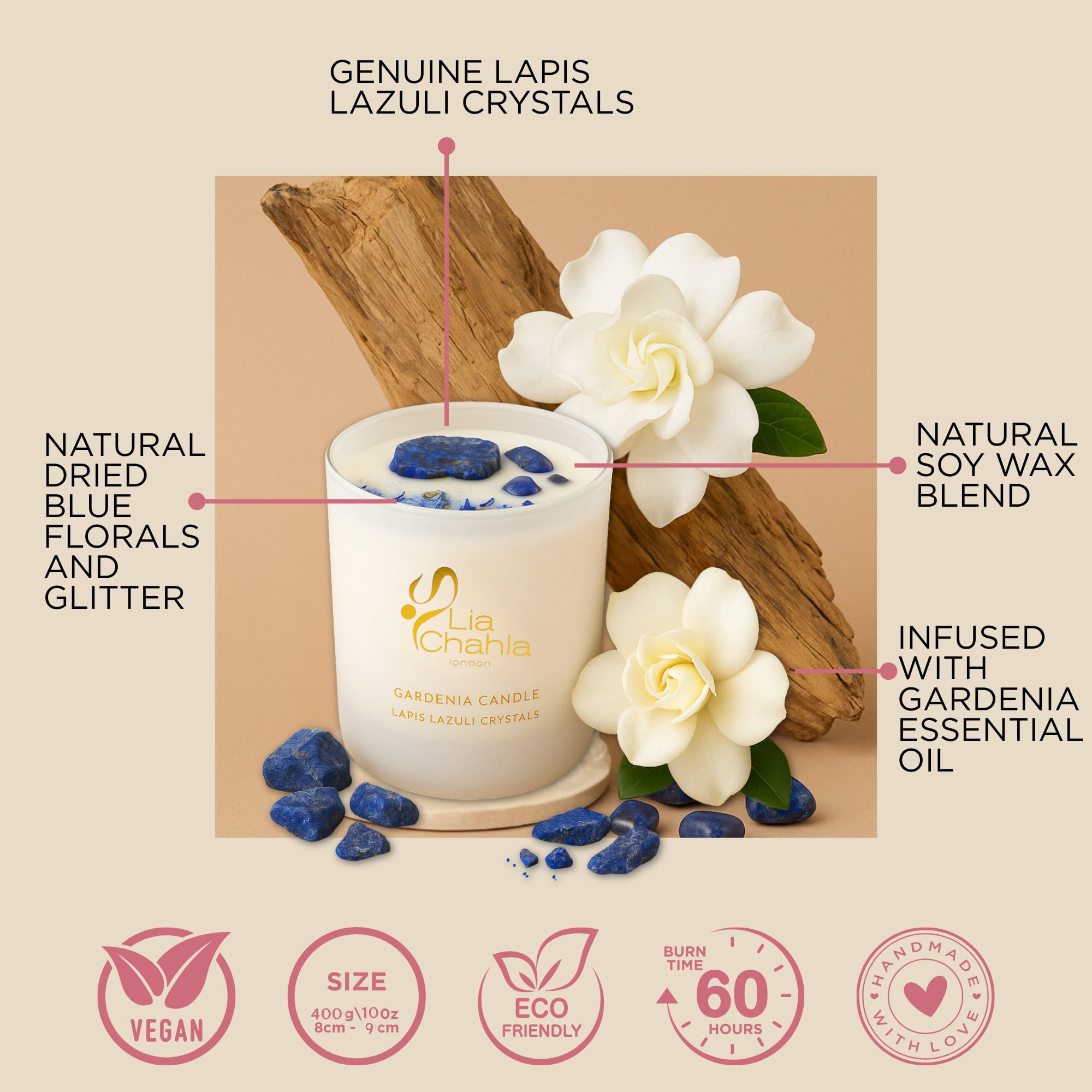 Lia Chahla London Gardenia Soy Candle with Lapis Lazuli Crystals, Natural Aromatherapy Candle, Luxury Scented Candle for Home - Image 4