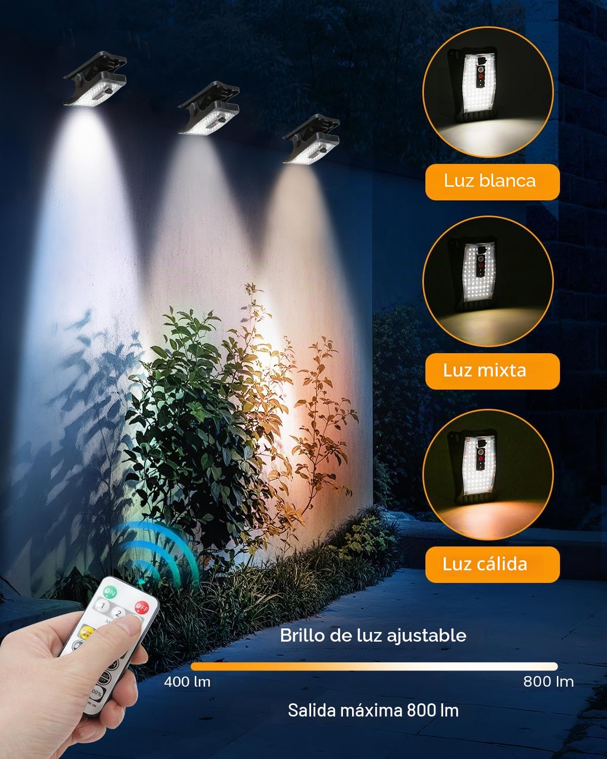 2 lámparas solares para exterior, 2 piezas de lámparas solares con clip con sensor de movimiento, 70 LED, 3 temperaturas de color, USB y control remoto, lámpara solar impermeable para valla