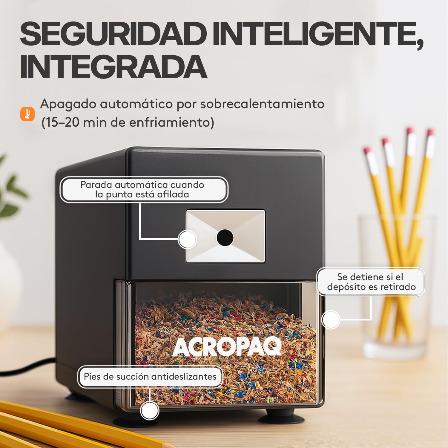 ACROPAQ Sacapuntas Eléctrico con Depósito para Lápices Gruesos y Finos – Afilador Profesional de Alta Resistencia con Parada Automática y Protección contra Sobrecalentamiento